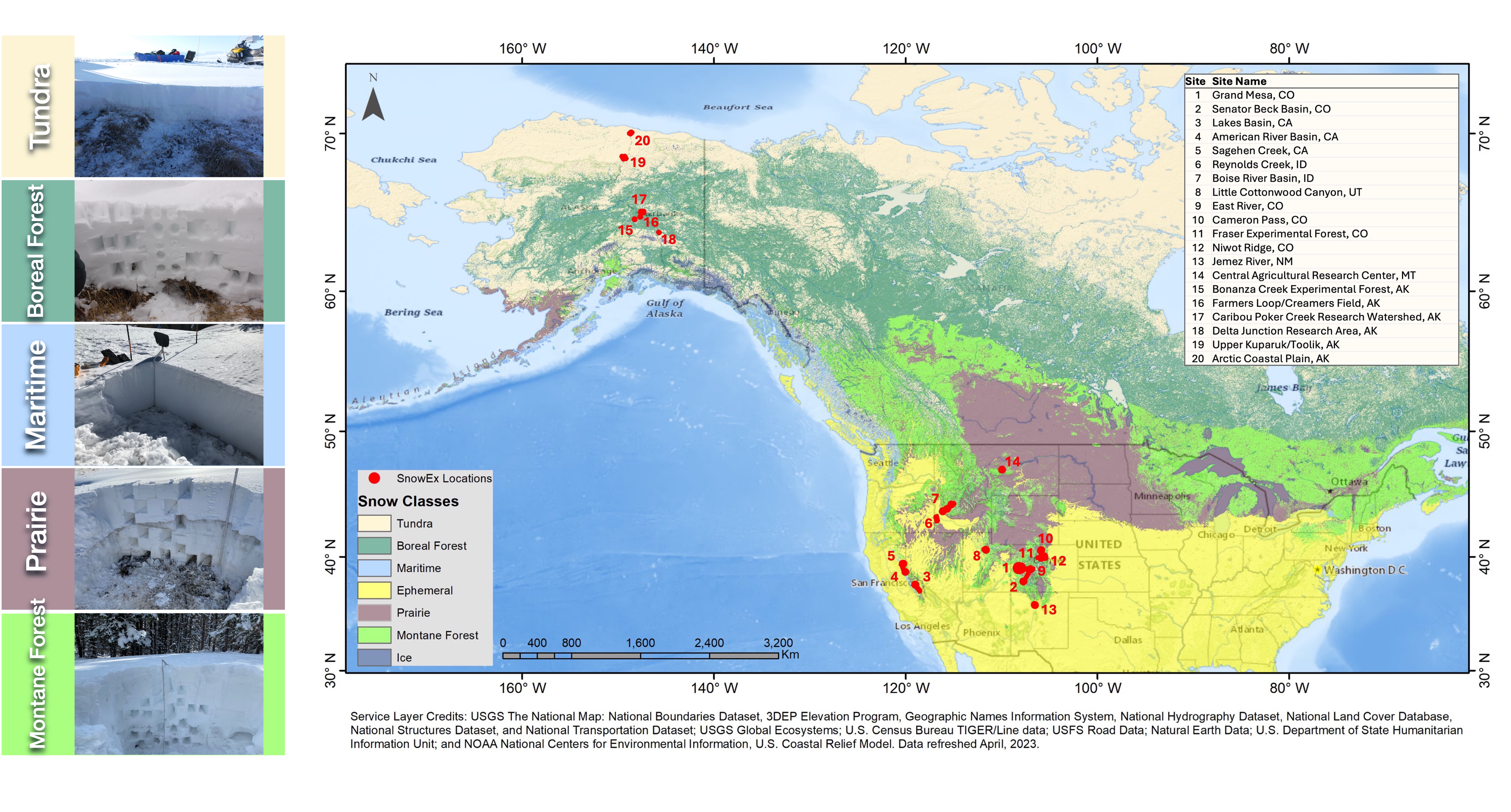 Map showing the locations of SnowEx field campaign areas (red dot). Base map shows snow classes defined in Sturm and Liston, 2021. The snow pit images show a representative pit in each of the class types visited by SnowEx.