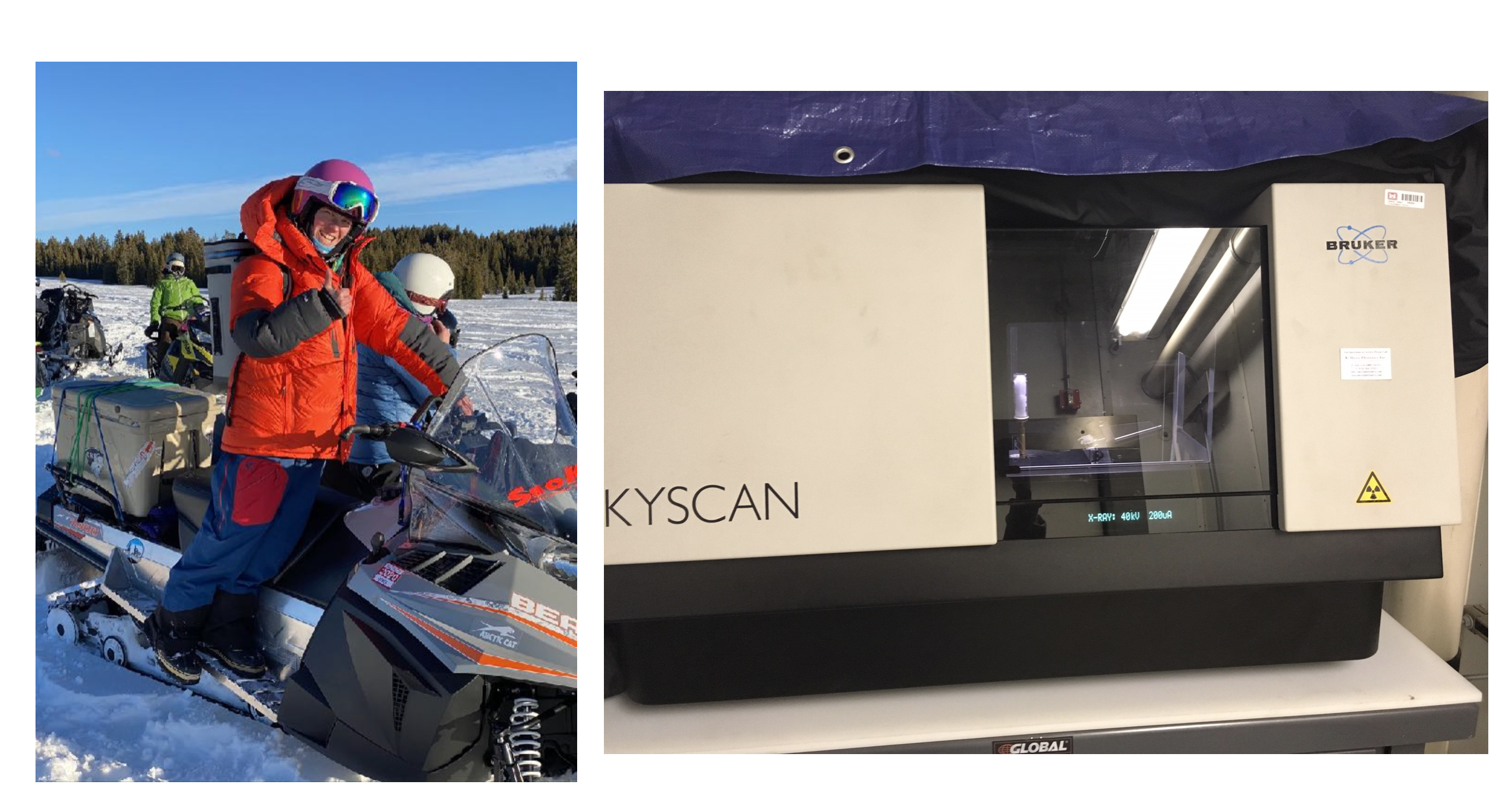 Left: Lauren Farnsworth transports microCT samples from field sites back to Grand Mesa Lodge in a cold storage container. Right: the microCT machine in the lab at CRREL.
